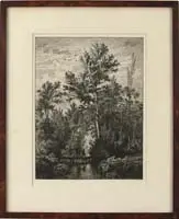 Léo Drouyn, Crossing the Bridge, Black and white etching shows a man and child with dog crossing a bridge under large trees