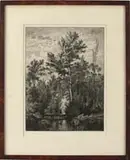 Léo Drouyn, Crossing the Bridge, Black and white etching shows a man and child with dog crossing a bridge under large trees