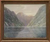 Conrad Selmhyr, Untitled, Oil on canvas laid on panel depicting a fjord with seagulls flying through the air