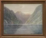 Conrad Selmhyr, Untitled, Oil on canvas laid on panel depicting a fjord with seagulls flying through the air