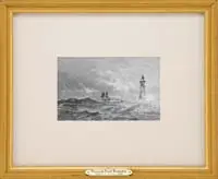 William Trost Richards, Ship Near Lighthouse, Gouache on paper scene shows a ship next to lighthouse with large waves crashing at side. White, gray and black image