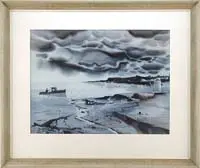 Laurence Philip Sisson, Storm Warning, Fine watercolor coastal scene shows a lobsterman in lobster boat near shore with oncoming storm clouds with rain