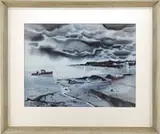 Laurence Philip Sisson, Storm Warning, Fine watercolor coastal scene shows a lobsterman in lobster boat near shore with oncoming storm clouds with rain
