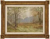 Leonard Ochtman, Spring Landscape, Oil on canvas scene shows a field lined with tall trees having a large stone wall across the center