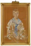 Robert Lewis Reid, Portrait of a Young Boy with Blue Collar, Oil on canvas full length portrait shows the boy seated wearing a white outfit with blue collar having white stripes