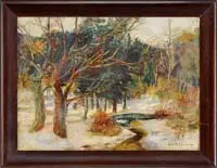 John F. Carlson, Winter Stream, Oil on board landscape shows a winding brook through snow covered ground with grove of trees