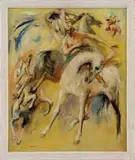 Jon Corbino, Circus Composition, Oil on canvas shows several views of a circus performer on horseback all against a gold background