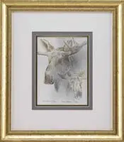 Robert Bateman, Bull Moose Studies, Mixed media study of two bull moose heads. Watercolor and black chalk work. Pencil signed, dated “1992” and titled