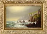 Harrison Bird Brown, Coastal Landscape, Oil on canvas scene shows waves crashing upon steep cliffs having grass covered tops