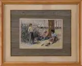 William Allen Rogers, In the Watermelon Patch, Watercolor illustration depicting three black boys at the edge of a corn field eating recently harvested watermelon