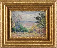Ernest Lawson, Colorful Impressionistic Landscape, Oil on board scene shows colorful trees looking out over valley under light blue sky