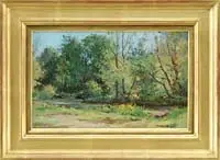 Summer Slumber by Bernard Corey, Oil on panel summer scene shows a small cleared area with yellow flowers lined by trees with a small brook, sold Jan 2008