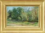 Bernard Corey, Summer Slumber, Oil on panel summer scene shows a small cleared area with yellow flowers lined by trees with a small brook