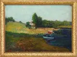 John Wells James, The Red Skiff, Oil on board summer scene shows several small rowboats pulled up on grassy shoreline with a house and hill beyond