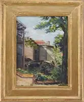 Gifford Beal, Back Yard View, Oil on board scene shows the back side of several buildings with tree and steps