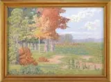 Hedley William Waycott, Early Fall Landscape, Oil on board scene shows a fenced pasture with colorful trees and grasses under blue and white sky
