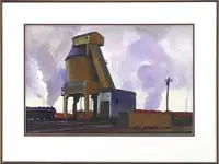Coal Shute Near Brave’s Field, Boston by Eliot O’Hara, Fine watercolor showing a train yard with a large building and locomotives billowing smoke, sold Jan 2008