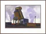 Eliot O’Hara, Coal Shute Near Brave’s Field, Boston, Fine watercolor showing a train yard with a large building and locomotives billowing smoke