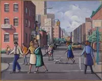 Harold Bruder, A Time of Miracles, Large oil on canvas scene shows a New York City scene with a wide street lined by buildings with cars and pedestrians
