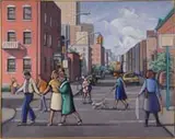 Harold Bruder, A Time of Miracles, Large oil on canvas scene shows a New York City scene with a wide street lined by buildings with cars and pedestrians