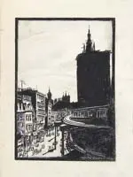 Blanche Lazzell, CHATHAM SQUARE, N.Y.C.” Mixed media white and black drawing shows a busy section of New York City with subway line, pedestrians and store fronts, Most done in a black charcoal/pencil, some white highlights