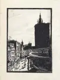 Blanche Lazzell, CHATHAM SQUARE, N.Y.C.” Mixed media white and black drawing shows a busy section of New York City with subway line, pedestrians and store fronts
