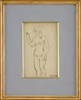 Diego Rivera, Femme Nue, Pen and ink drawing of a nude female with hand held up and finger pointing