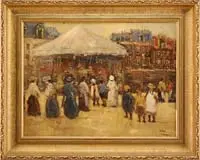 Isaac Israëls, De Carrousel, Oil on wood panel shows a group of adults and children on a street having a carousel. Tall city houses are seen behind