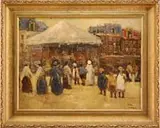 Isaac Israëls, De Carrousel, Oil on wood panel shows a group of adults and children on a street having a carousel. Tall city houses are seen behind