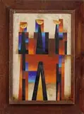 Carlos Mérida, Abstract Modernist Figures, Oil and mixed media on board shows three black bodied figures with orange slice heads having block colored background