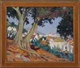 Charles Butler Keeler, California Village, Oil on board scene shows a hillside village with white stucco buildings. In foreground are two large trees on hillside