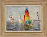 Arnold Whittman Knauth II, Hobie Cats, Oil on masonite scene shows a sailboat race between small catamaran two-man boats with tall striped sails