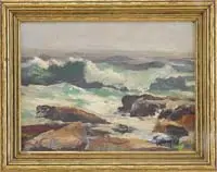Approaching Storm by Frederick Judd Waugh, Oil on board coastal scene shows white tipped green waves breaking on coastal rocks, sold Jan 2008