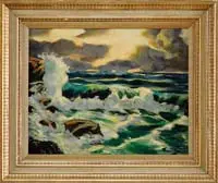 Frederick Judd Waugh, The Crashing Wave, Oil on canvas coastal scene shows waves crashing onto rocks
