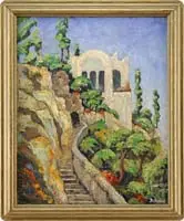 Henry J. Billings, Villa San Michele, Capri, Oil on board scene shows a long stone stairway leading to a white stucco villa perched on the side of a cliff