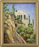 Henry J. Billings, Villa San Michele, Capri, Oil on board scene shows a long stone stairway leading to a white stucco villa perched on the side of a cliff
