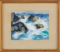Nicholas Luisi, Monhegan Surf, Oil on board coastal scene shows colorful waves crashing onto rocks