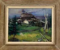 Nicholas J. Luisi, Island Inn Monhegan, Maine, 1950, Oil on canvas landscape shows a view of a large building and outbuildings with hillside having trees and fence