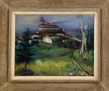 Nicholas J. Luisi, Island Inn Monhegan, Maine, 1950, Oil on canvas landscape shows a view of a large building and outbuildings with hillside having trees and fence