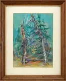 Nicholas Luisi, Two Dead Pine, Watercolor scene of two trees against a colorful background
