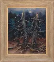 Monhegan Forest by Nicholas Luisi, Large oil on canvas scene shows two dead trees in front of a pine forest with a full moon behind. A colorful scene, sold Jan 2008