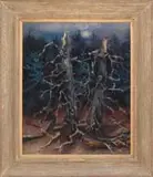 Nicholas Luisi, Monhegan Forest, Large oil on canvas scene shows two dead trees in front of a pine forest with a full moon behind. A colorful scene
