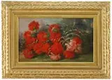 Signed, Carnations, Oil on canvas still life scene shows a tumbled bouquet of red and pink carnations with green leaves