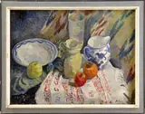 Malcolm Humphreys, Table Top Still Life, Oil on canvas scene shows a glass, two pitchers, bowl and three pieces of fruit on a table top with colorful cover