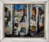 Robert Thomas Barry, Provincetown, Oil on masonite modernist scene shows white columns in front of geometric colorful shapes
