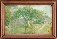 Backyard Orchard by Joseph Raphael, Oil on board scene shows several trees behind a building with a path, sold Jan 2008