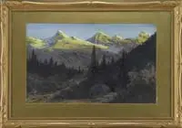 Marmaduck Matthews, Sunlit Mountains, Gouache scene shows sunlit mountain peaks with tree lined hillside in foreground
