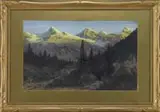 Marmaduck Matthews, Sunlit Mountains, Gouache scene shows sunlit mountain peaks with tree lined hillside in foreground