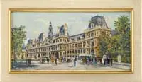Andre Gisson, L’Hotel De Ville De, Oil on canvasboard scene shows a large fancy hotel with many pedestrians and one green and white bus in front