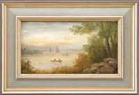 Initialed, Boating on Frenchman’s Bay, Oil on board scene shows several boats on tranquil water under a setting sun landscape. Initialed lower right “HO”